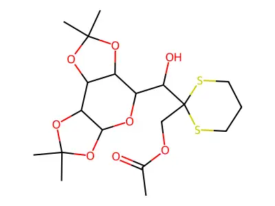 {2-[Hydroxy(2,2,7,7-tetramethyltetrahydro-2H,3aH,7H-bis[1,3]dioxolo[4,5-b:4',5'-d]pyran-5-yl)methyl]-1,3-dithian-2-yl}methyl acetate structure