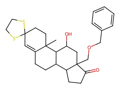 11'-hydroxy-10'-methyl-13'-(phenylmethoxymethyl)spiro[1,3-dithiolane-2,3'-2,6,7,8,9,11,12,14,15,16-decahydro-1H-cyclopenta[a]phenanthrene]-17'-one structure