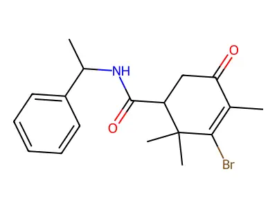 3-bromo-2,2,4-trimethyl-5-oxo-N-(1-phenylethyl)cyclohex-3-ene-1-carboxamide structure