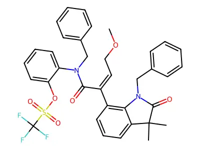 2-{Benzyl[2-(1-benzyl-3,3-dimethyl-2-oxo-2,3-dihydro-1H-indol-7-yl)-4-methoxybut-2-enoyl]amino}phenyl trifluoromethanesulfonate structure