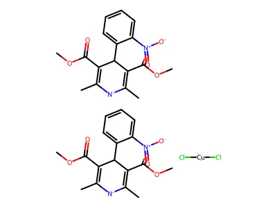 IUPAC: Dichlorocopper; Dimethyl 2,6-dimethyl-4-(2-nitrophenyl)-4H-pyridine-3,5-dicarboxylate structure