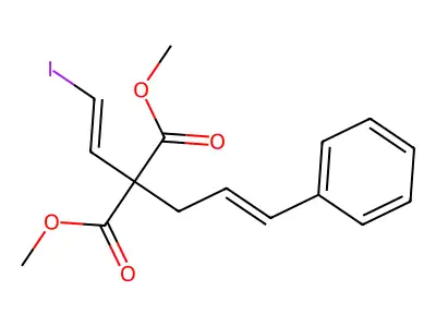 Dimethyl (2-iodoethenyl)(3-phenylprop-2-en-1-yl)propanedioate structure