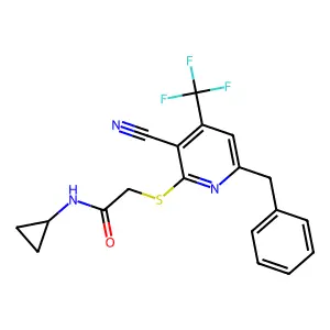 2-{[6-benzyl-3-cyano-4-(trifluoromethyl)pyridin-2-yl]sulfanyl}-N-cyclopropylacetamide structure