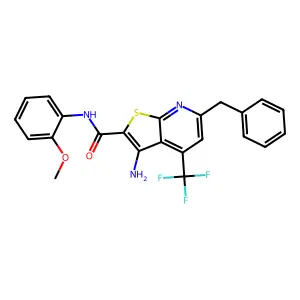 3-amino-6-benzyl-N-(2-methoxyphenyl)-4-(trifluoromethyl)thieno[2,3-b]pyridine-2-carboxamide structure