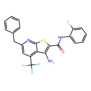 3-amino-6-benzyl-N-(2-fluorophenyl)-4-(trifluoromethyl)thieno[2,3-b]pyridine-2-carboxamide structure