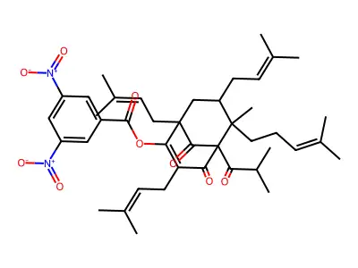 6-Methyl-1,3,7-tris(3-methylbut-2-en-1-yl)-6-(4-methylpent-3-en-1-yl)-5-(2-methylpropanoyl)-4,9-dioxobicyclo[3.3.1]non-2-en-2-yl 3,5-dinitrobenzoate structure