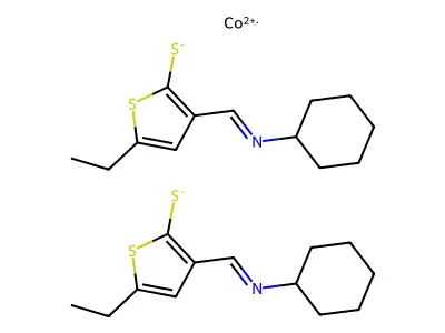 Cobalt(2+);bis(3-(cyclohexyliminomethyl)-5-ethylthiophene-2-thiolate) structure