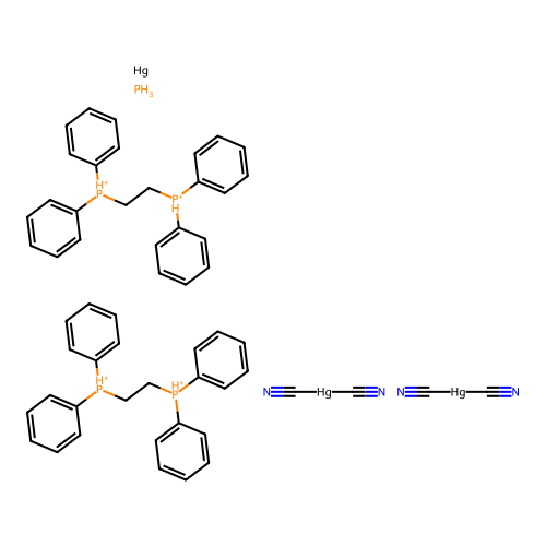 IUPAC: Dicyanomercury; 2-diphenylphosphaniumylethyl-diphenyl-phosphanium; Mercury; Phosphane structure