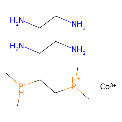 IUPAC: Cobalt(+3) Cation; 2-dimethylphosphaniumylethyl-dimethyl-phosphanium; Ethane-1,2-diamine structure