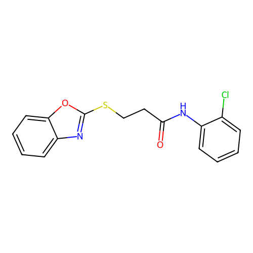3-(1,3-benzoxazol-2-ylsulfanyl)-N-(2-chlorophenyl)propanamide structure
