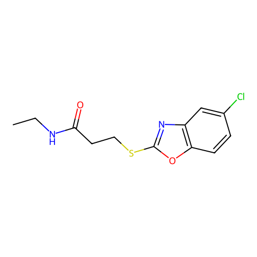 3-[(5-chloro-1,3-benzoxazol-2-yl)sulfanyl]-N-ethylpropanamide structure
