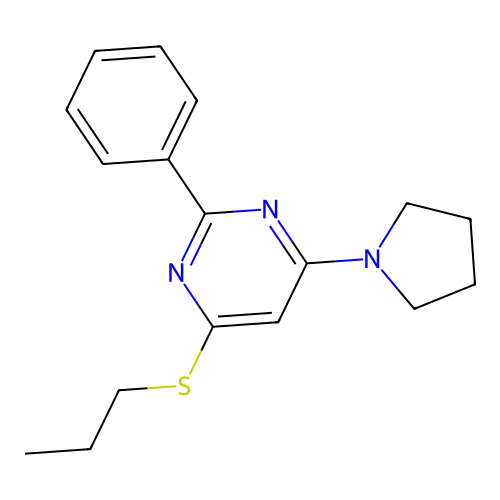 2-Phenyl-6-(1-pyrrolidinyl)-4-pyrimidinyl propyl sulfide structure