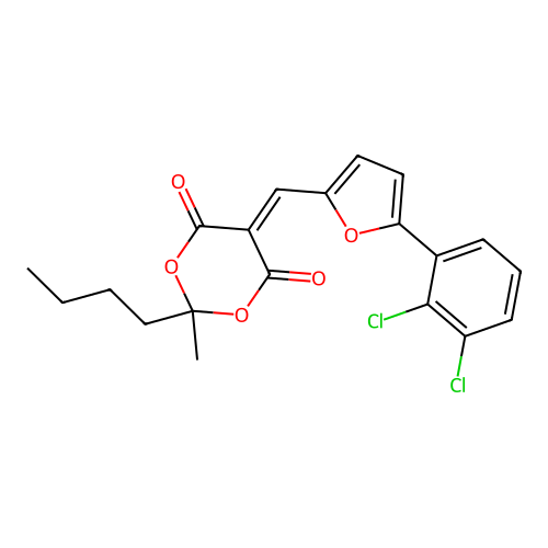 2-butyl-5-((5-(2,3-dichlorophenyl)furan-2-yl)methylene)-2-methyl-1,3-dioxane-4,6-dione structure