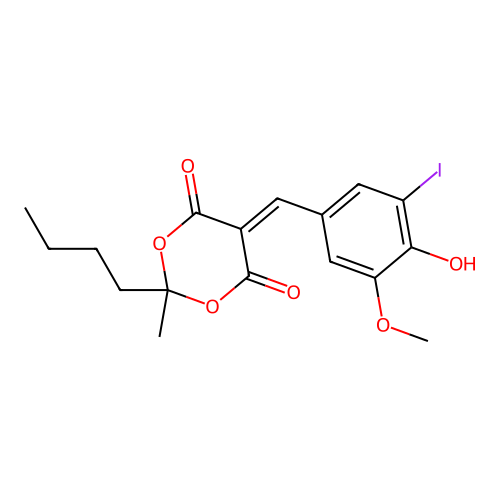2-Butyl-5-(4-hydroxy-3-iodo-5-methoxybenzylidene)-2-methyl-1,3-dioxane-4,6-dione structure