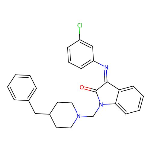 1-[(4-benzyl-1-piperidyl)methyl]-3-(3-chlorophenyl)imino-indol-2-one structure