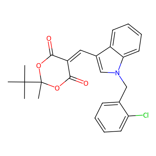 2-(tert-butyl)-5-((1-(2-chlorobenzyl)-1H-indol-3-yl)methylene)-2-methyl-1,3-dioxane-4,6-dione structure