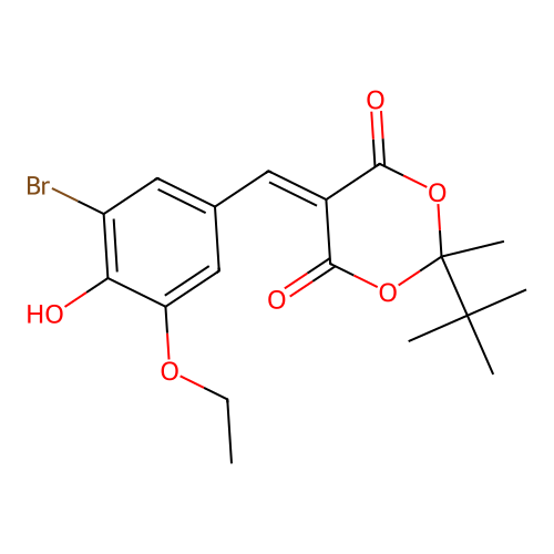 5-(3-bromo-5-ethoxy-4-hydroxybenzylidene)-2-tert-butyl-2-methyl-1,3-dioxane-4,6-dione structure