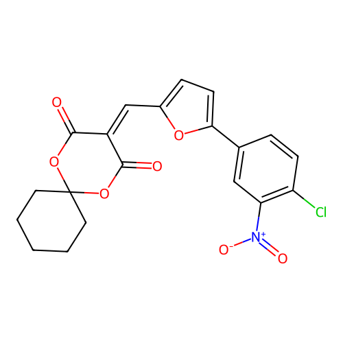 3-((5-(4-chloro-3-nitrophenyl)furan-2-yl)methylene)-1,5-dioxaspiro[5.5]undecane-2,4-dione structure