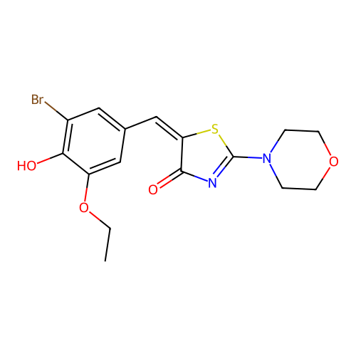 (E)-5-(3-bromo-5-ethoxy-4-hydroxybenzylidene)-2-morpholinothiazol-4(5H)-one structure