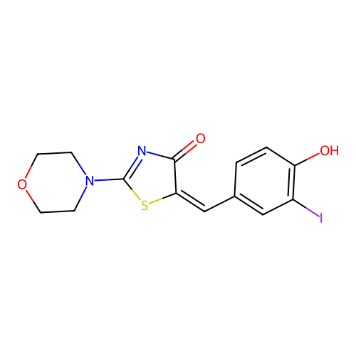 (E)-5-(4-hydroxy-3-iodobenzylidene)-2-morpholinothiazol-4(5H)-one structure