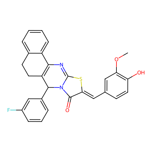 (10Z)-7-(3-fluorophenyl)-10-(4-hydroxy-3-methoxybenzylidene)-5,7-dihydro-6H-benzo[h][1,3]thiazolo[2,3-b]quinazolin-9(10H)-one structure