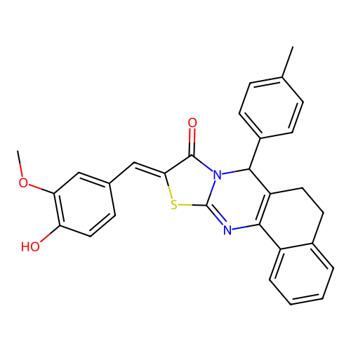 (10Z)-10-(4-hydroxy-3-methoxybenzylidene)-7-(4-methylphenyl)-5,7-dihydro-6H-benzo[h][1,3]thiazolo[2,3-b]quinazolin-9(10H)-one structure