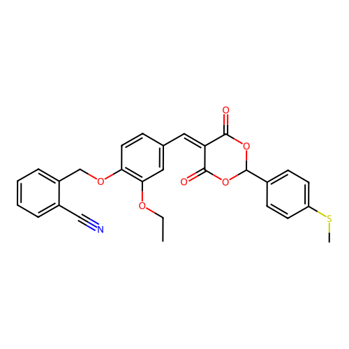2-((2-ethoxy-4-((2-(4-(methylthio)phenyl)-4,6-dioxo-1,3-dioxan-5-ylidene)methyl)phenoxy)methyl)benzonitrile structure