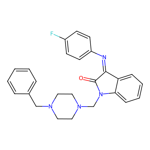 (3Z)-1-[(4-benzylpiperazin-1-yl)methyl]-3-[(4-fluorophenyl)imino]-1,3-dihydro-2H-indol-2-one structure