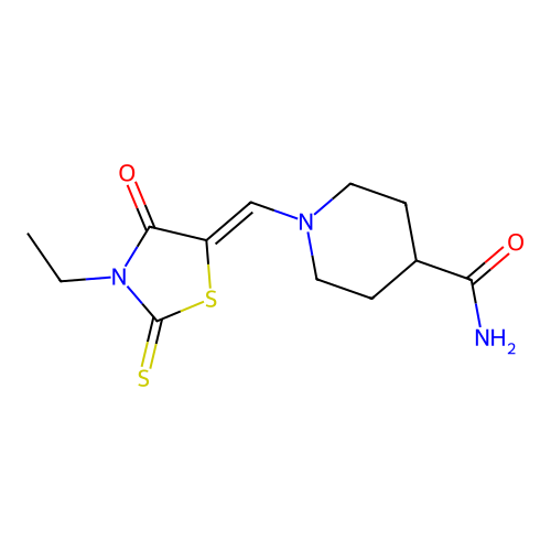 (Z)-1-((3-ethyl-4-oxo-2-thioxothiazolidin-5-ylidene)methyl)piperidine-4-carboxamide structure