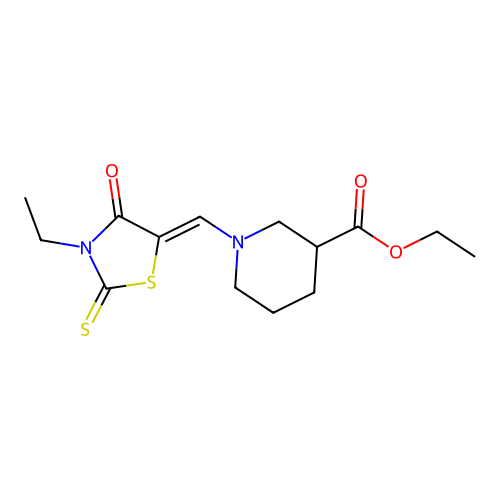 ethyl 1-[(Z)-(3-ethyl-4-oxo-2-sulfanylidene-1,3-thiazolidin-5-ylidene)methyl]piperidine-3-carboxylate structure