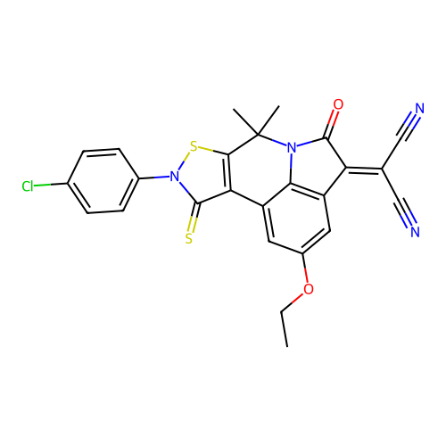[9-(4-chlorophenyl)-2-ethoxy-7,7-dimethyl-5-oxo-10-thioxo-9,10-dihydro-7H-isothiazolo[5,4-c]pyrrolo[3,2,1-ij]quinolin-4(5H)-yliden](cyano)methyl cyanide structure