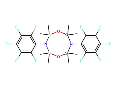 2,2,4,4,6,6,8,8-octamethyl-3,7-bis(2,3,4,5,6-pentafluorophenyl)-1,5,3,7,2,4,6,8-dioxadiazatetrasilocane structure