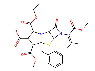 4-Ethyl 5,6-dimethyl 6a-benzyl-1-(1-methoxy-3-methyl-1-oxobut-2-en-2-yl)-2-oxooctahydroazeto[3,2-d]pyrrolo[2,1-b][1,3]thiazole-4,5,6-tricarboxylate structure