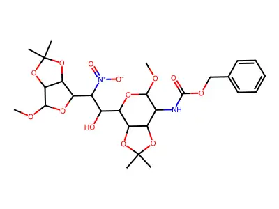 benzyl N-[4-[1-hydroxy-2-(4-methoxy-2,2-dimethyl-3a,4,6,6a-tetrahydrofuro[3,4-d][1,3]dioxol-6-yl)-2-nitroethyl]-6-methoxy-2,2-dimethyl-4,6,7,7a-tetrahydro-3aH-[1,3]dioxolo[4,5-c]pyran-7-yl]carbamate structure