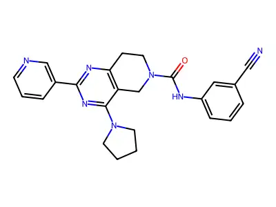 N-(3-cyanophenyl)-2-pyridin-3-yl-4-pyrrolidin-1-yl-7,8-dihydro-5H-pyrido[4,3-d]pyrimidine-6-carboxamide structure