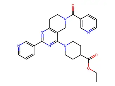 ethyl 1-[6-(pyridine-3-carbonyl)-2-pyridin-3-yl-7,8-dihydro-5H-pyrido[4,3-d]pyrimidin-4-yl]piperidine-4-carboxylate structure