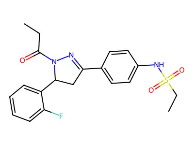 N-(4-(5-(2-fluorophenyl)-1-propionyl-4,5-dihydro-1H-pyrazol-3-yl)phenyl)ethanesulfonamide structure