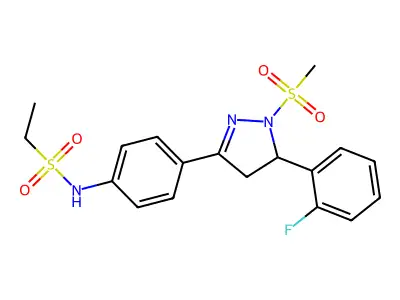 N-(4-(5-(2-fluorophenyl)-1-(methylsulfonyl)-4,5-dihydro-1H-pyrazol-3-yl)phenyl)ethanesulfonamide structure