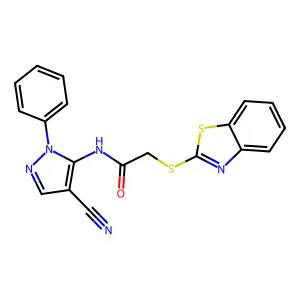 2-(1,3-benzothiazol-2-ylsulfanyl)-N-(4-cyano-1-phenyl-1H-pyrazol-5-yl)acetamide structure