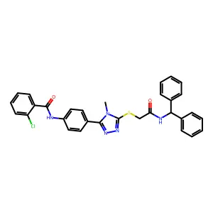 2-chloro-N-{4-[5-({2-[(diphenylmethyl)amino]-2-oxoethyl}sulfanyl)-4-methyl-4H-1,2,4-triazol-3-yl]phenyl}benzamide structure
