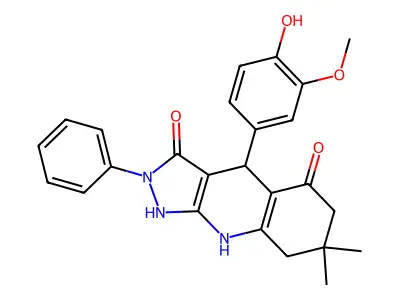 3-hydroxy-4-(4-hydroxy-3-methoxyphenyl)-7,7-dimethyl-2-phenyl-2,4,6,7,8,9-hexahydro-5H-pyrazolo[3,4-b]quinolin-5-one structure