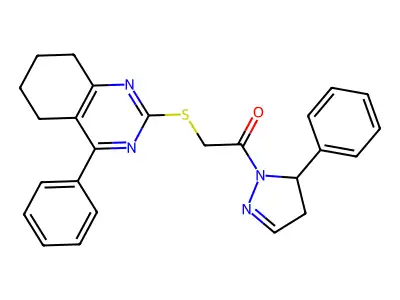 1-(5-phenyl-4,5-dihydro-1H-pyrazol-1-yl)-2-[(4-phenyl-5,6,7,8-tetrahydroquinazolin-2-yl)sulfanyl]ethanone structure