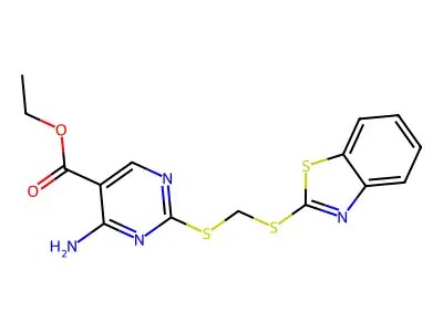 Ethyl 4-amino-2-(benzothiazol-2-ylthiomethylthio)pyrimidine-5-carboxylate structure