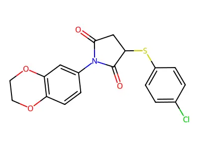 3-[(4-chlorophenyl)sulfanyl]-1-(2,3-dihydro-1,4-benzodioxin-6-yl)pyrrolidine-2,5-dione structure