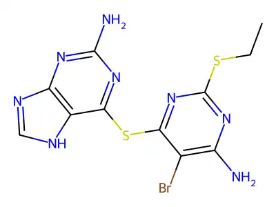 6-(6-amino-5-bromo-2-ethylsulfanylpyrimidin-4-yl)sulfanyl-7H-purin-2-amine structure