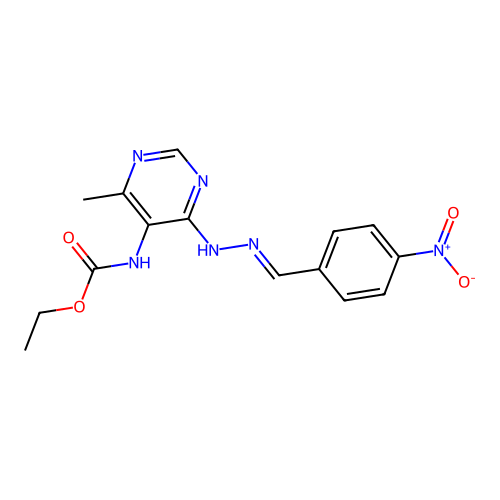 Ethyl (4-methyl-6-{(2E)-2-[(4-nitrophenyl)methylidene]hydrazin-1-yl}pyrimidin-5-yl)carbamate structure