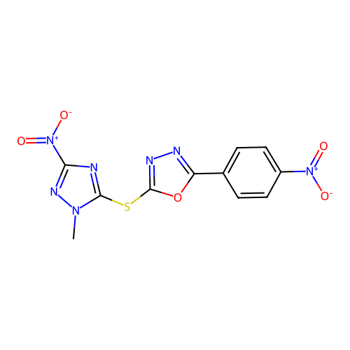 1-methyl-3-nitro-5-[[5-(4-nitrophenyl)-1,3,4-oxadiazol-2-yl]sulfanyl]-1,2,4-triazole structure