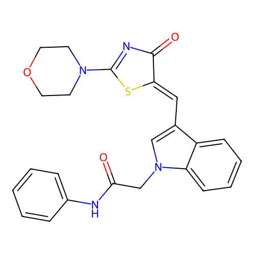 (Z)-2-(3-((2-morpholino-4-oxothiazol-5(4H)-ylidene)methyl)-1H-indol-1-yl)-N-phenylacetamide structure