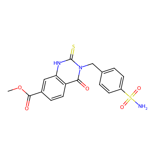 methyl 4-oxo-3-(4-sulfamoylbenzyl)-2-sulfanyl-3,4-dihydroquinazoline-7-carboxylate structure