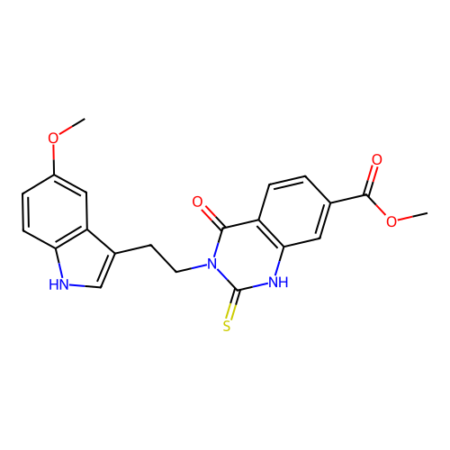 methyl 3-[2-(5-methoxy-1H-indol-3-yl)ethyl]-4-oxo-2-thioxo-1,2,3,4-tetrahydroquinazoline-7-carboxylate structure